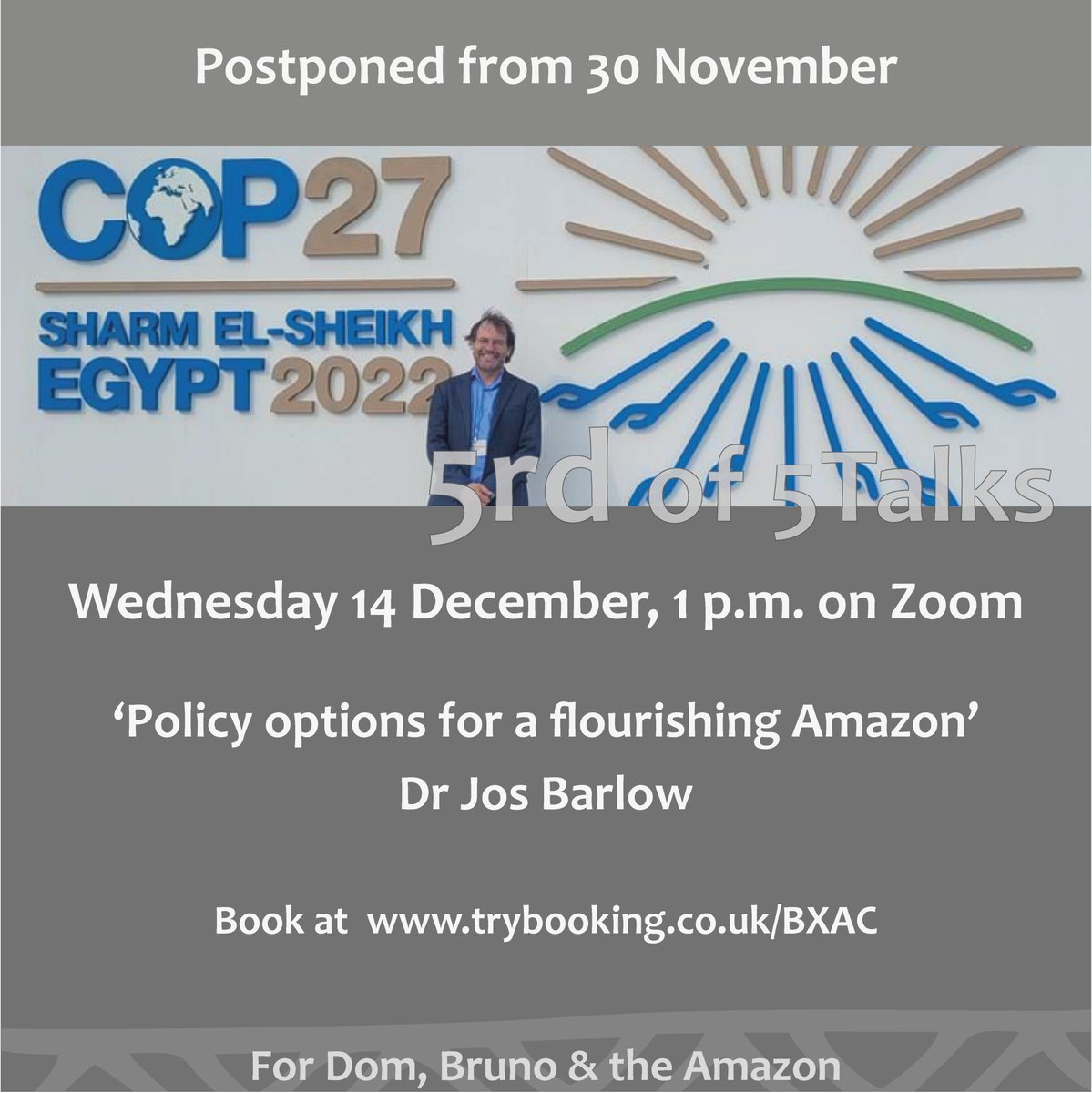 HaltonMill's tweet image. The lunchtime talk on Wednesday 30 November by Professor Jos Barlow has been postponed to Wednesday 14th December, 1p.m. on Zoom

‘Policy options for a flourishing Amazon’

Book at trybooking.co.uk/BXAC

Jos Barlow, Professor in Conservation Science, Lancaster University