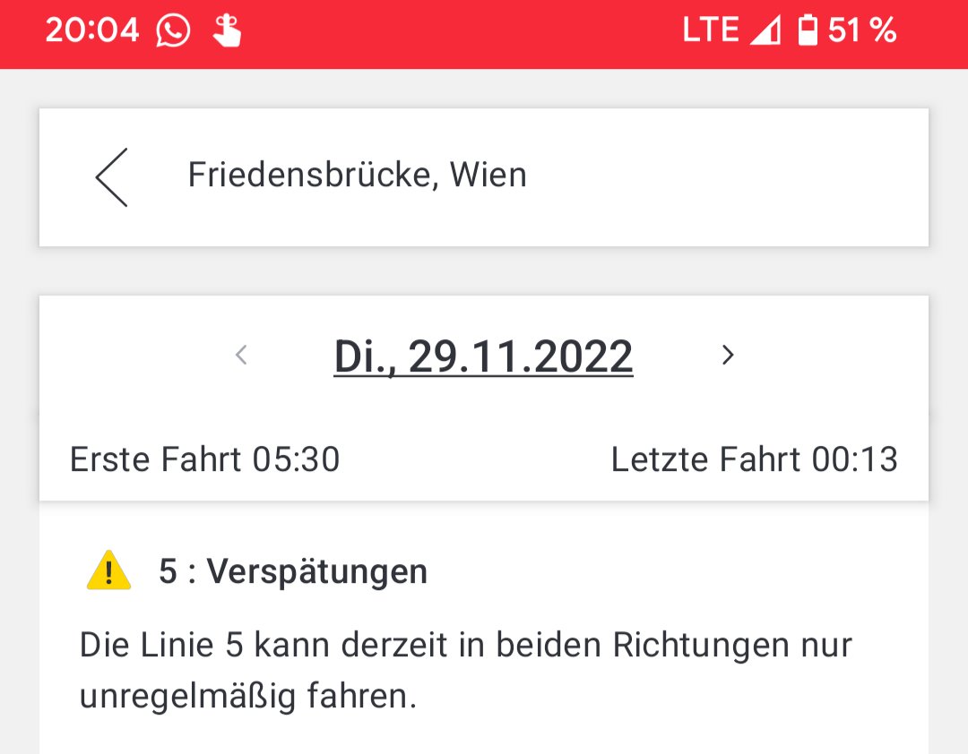 Liebe @WienerLinien, ich hätte eine Bitte: Zeigt in Zukunft in der App bitte an, falls die 5er Bim mal **pünktlich** fahren sollte. Das wäre ein Informationsgewinn, weil das sie "nur unregelmäßig fahren kann" und 15min Wartezeiten sind mittlerweile echt der Normalzustand. #rant