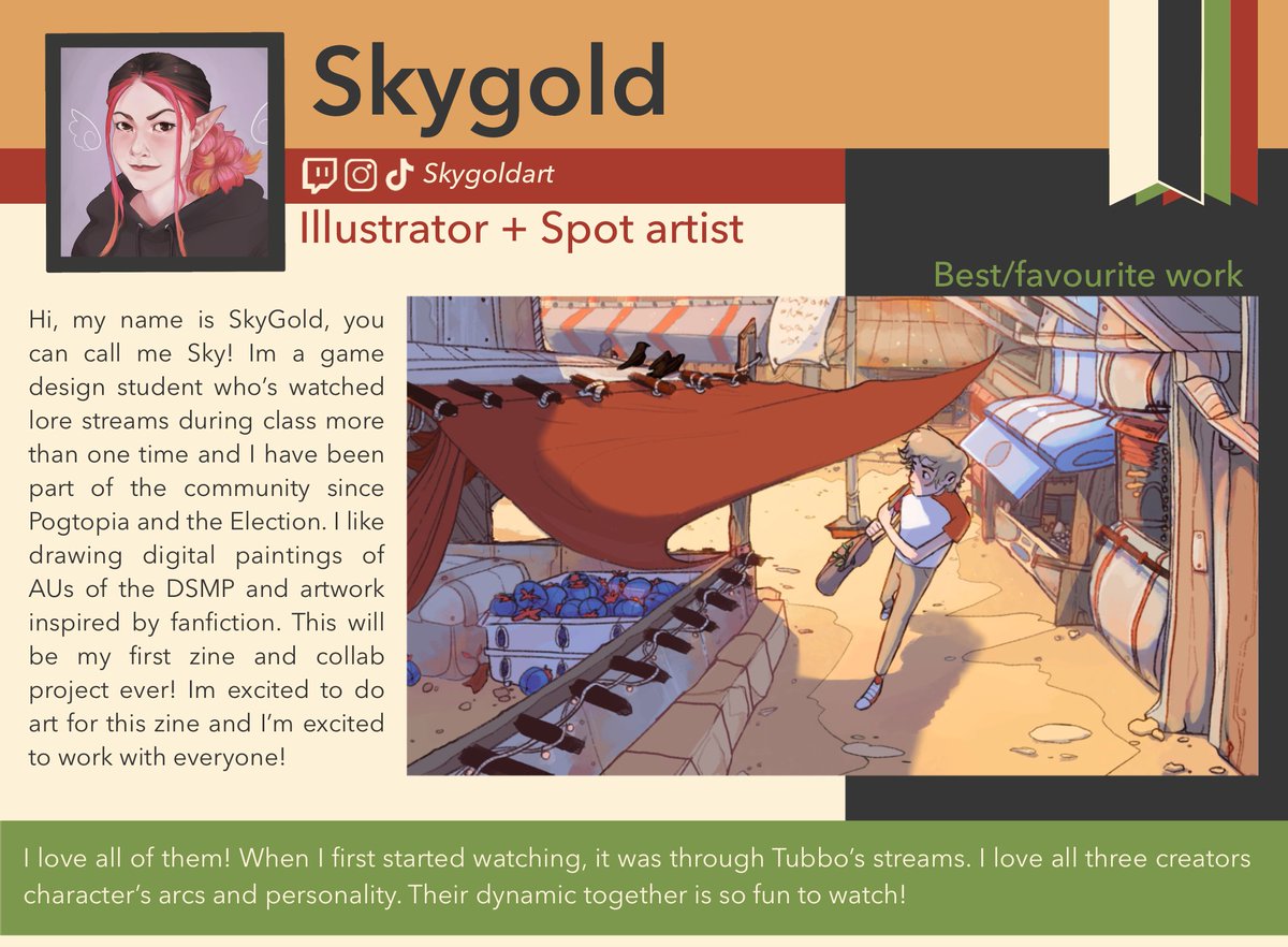 benchtriozine's tweet photo. Contributor Spotlight Time✨

🌻@Skygoldart

“Hi, my name is SkyGold, you can call me Sky! Im a game design student who’s watched lore streams during class more than one time…”

She loves all of benchtrio! https://t.co/ezznyugSjn