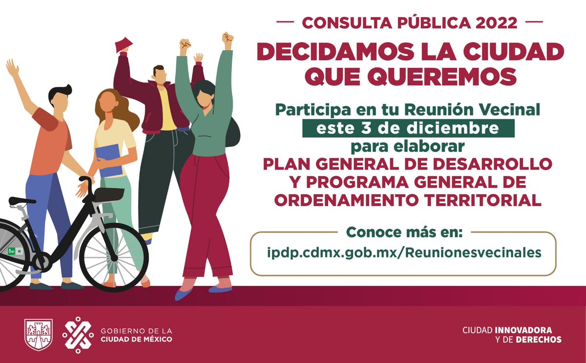 GobCDMX's tweet photo. Todas y todos podemos decidir #LaCiudadQueQueremos. Este sábado 3 de diciembre participa en la Reunión Vecinal de tu colonia para elaborar el Plan General de Desarrollo y el Programa de Ordenamiento Territorial. 
Ingresa a https://t.co/FJ6vFZ4Pvb y conoce la ubicación. https://t.co/CHnFWoioGH