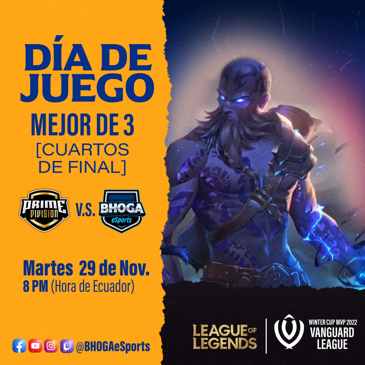 BHOGAeSports's tweet photo. Cuartos de Final | PD vs BGA | @liga_mvp 🏆
Estamos listos para enfrentar a @primedivision7 en un BO3 por el pase a semifinal de la #WinterCup @vanguardtournaments 💪🏻
#GoBHOGA #GoBGA #esports #gaming https://t.co/axw5GpVUXU