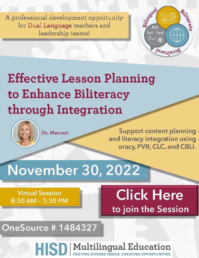 Is not too late! Register for tomorrow's Dual Language PD on Effective Planning to Enhance Biliteracy through Integration! @HISDMultiPrgms <a href="/HISD_ESO1/">HISD_ESO1</a> <a href="/HISDREADY2RISE/">READY2RISE</a> @TeamHISD