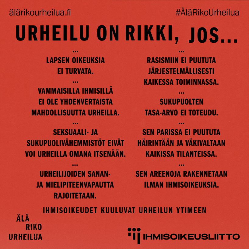 Vuosi sitten käynnistyi Älä riko urheilua-kampanja. Tänään se palkittiin oikeusministeriön demokratiapalkinnon kunniamaininnalla. Kampanja kantaa yhä. Haluamme nimetä ja kiittää sen valmisteluun osallistuneita, alla pitkä ketju❤️1/x #Demokratia2025 #ihmisoikeudet #älärikourheilua