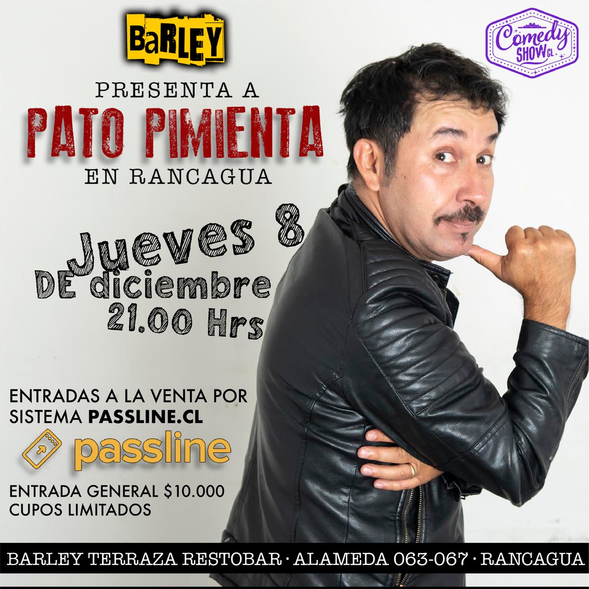 ComedyshowCL's tweet image. 🎙 Atención #Rancagua próximo jueves 8 de diciembre el gran contertulio, ahora wey 😅 #PatoPimienta presentando su show #standupcomedy en Barley 21.00 hrs. 🎟 adquiere tus entradas directo en link bit.ly/3GTjQJd 
.
@AgendaPanoramas 🌟