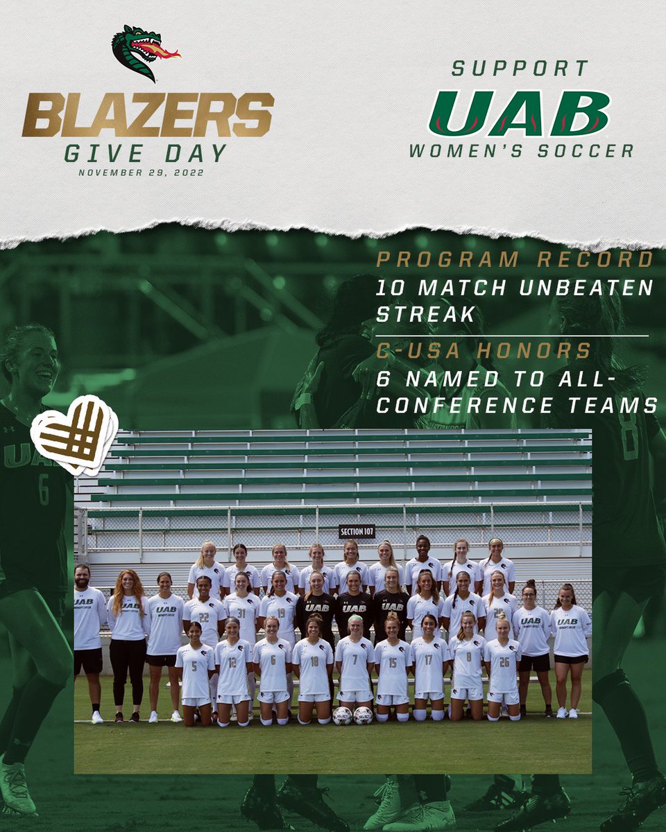 UAB_WSOC's tweet photo. Help us support our student-athletes during #BlazerGiveDay.
🔗https://t.co/PkYu5TZvoS
🔗https://t.co/BaJYE3cyM0
#WinAsOne | #80UP | @BlazerBoosters https://t.co/2Vdqf1KeBC