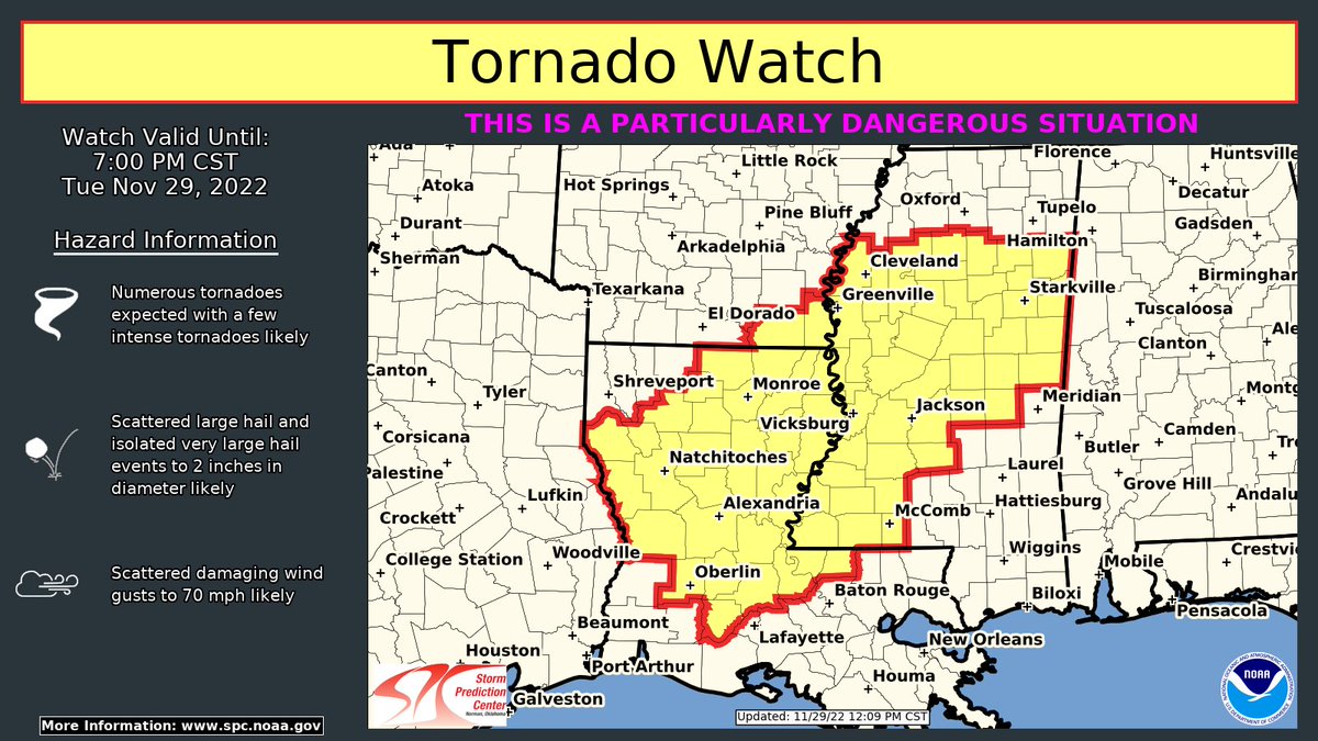 GCSCWX's tweet photo. A rare Particularly Dangerous Situation (PDS) tornado watch has been issued for parts of Louisiana, Arkansas, and Mississippi until 7 PM CST. Strong tornadoes, damaging winds and hail will be possible. https://t.co/mRaGAcnkPW