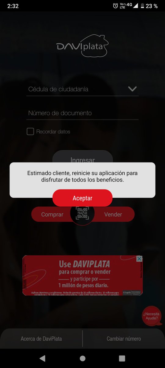 alekscaro's tweet photo. @DaviPlata la app no funciona pide que reinicie y ya no deja entrar con huella. Colocolo mi cédula para ingresar y tampoco! https://t.co/sRqQJvyYJC