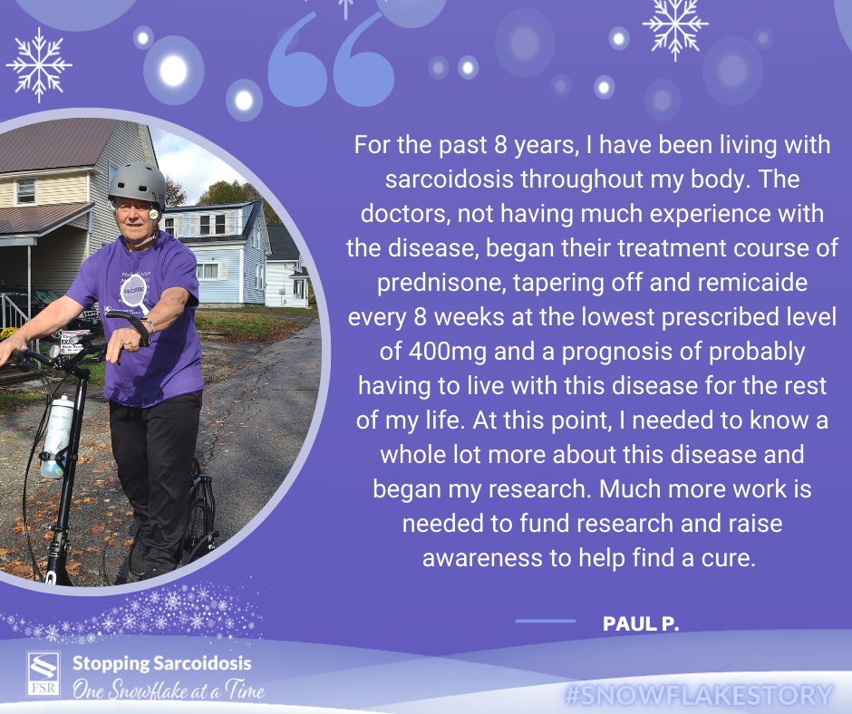 StopSarcoidosis's tweet photo. We are grateful to Paul for sharing his #SnowflakeStory to raise awareness for sarcoidosis and find better treatments and a cure. ❄️
Help support our fight against sarcoidosis and donate today for #GivingTuesday:
https://t.co/ERGLGpRKSK
#sarcoidosisawareness #Sarcoidosis https://t.co/42axSVwuGt