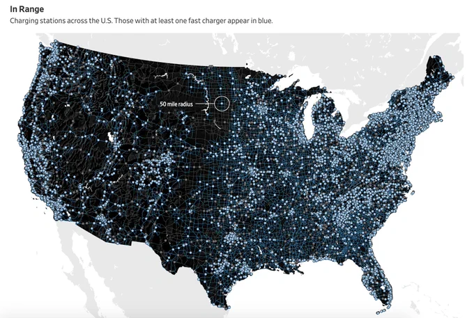 Map shows EV charging stations across the U.S.
