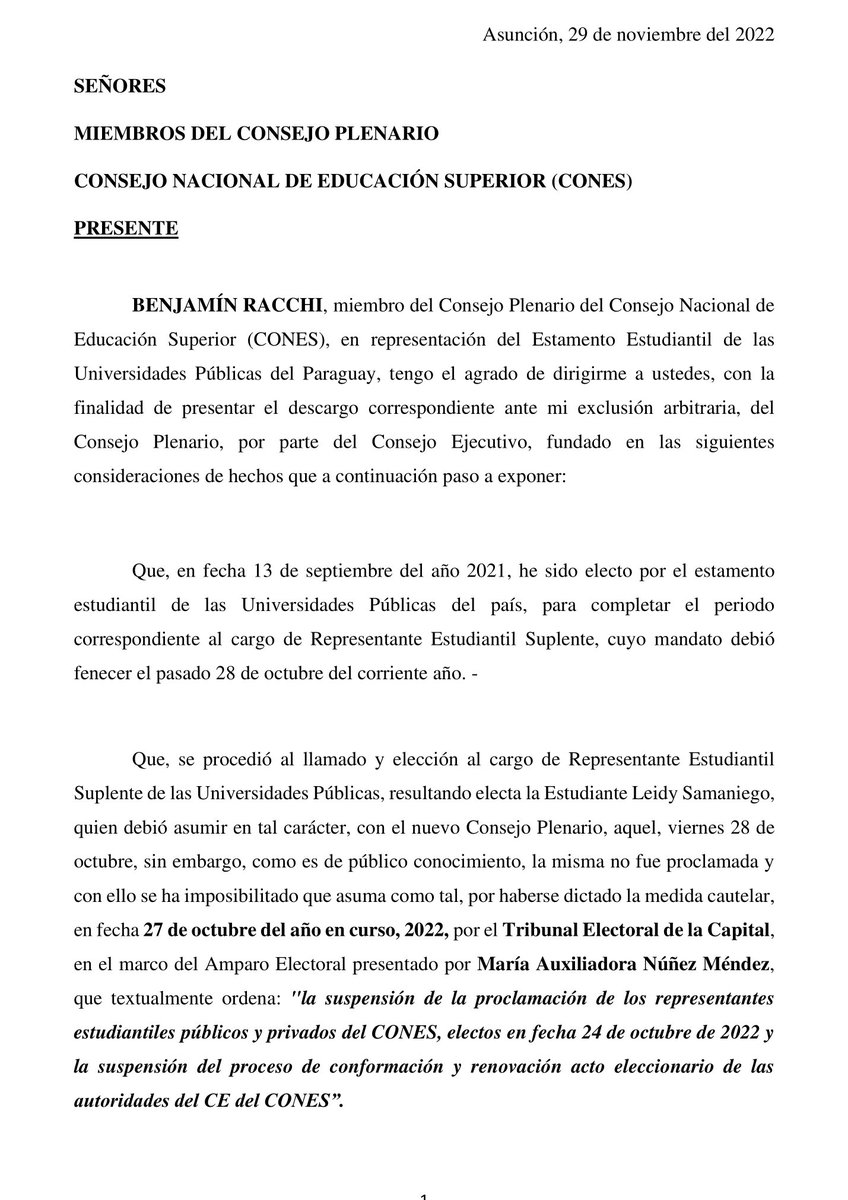 benjaminracchi's tweet photo. [CASO CONES]
He presentado el descargo correspondiente ante mi exclusión arbitraria, del Consejo Plenario del CONES, por parte del Consejo Ejecutivo, fundado en las siguientes consideraciones de hechos que pueden encontrarlo en la nota adjunta adjunta al Tweet. https://t.co/xU6tCdWPGC