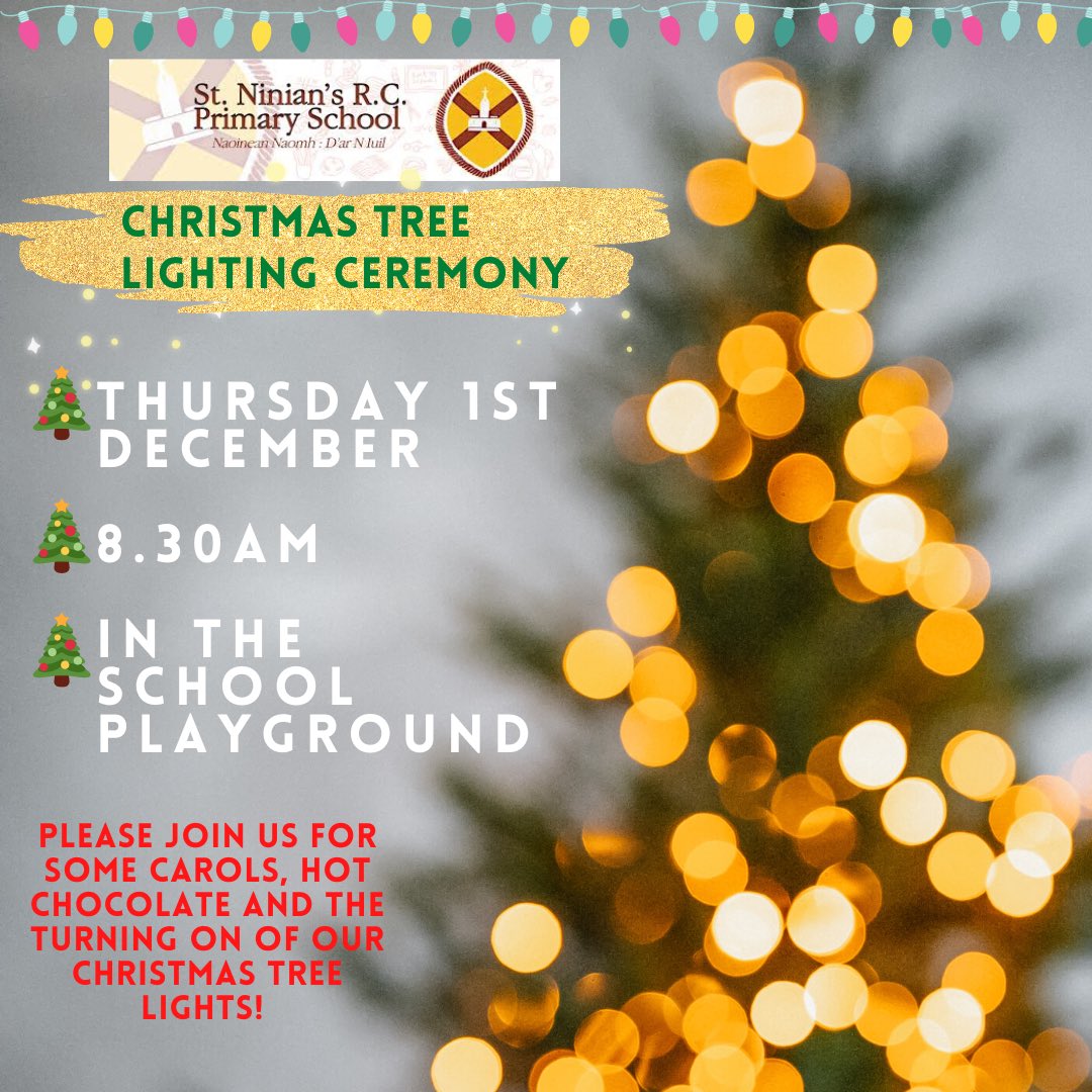 StNiniansRCPS's tweet photo. We are excited to announce that the St Ninian’s tree lighting ceremony will be taking place on Thursday morning at 8.30am in the playground. 

Come and join us for some carols &amp; hot chocolate before our Christmas tree lights are turned on.

We hope to see lots of you there!🎄 https://t.co/Gycej3iiGF