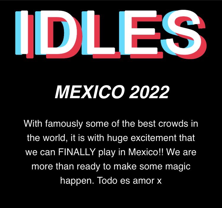 omarlexx's tweet photo. Un día que será recordado por los fans en México. Hace exactamente un año @idlesband anunciaba concierto en CDMX después de la cancelación de 2 shows por pandemia en abril 2020.
#IDLES #AIL #DGG #KFG #AFGANG
#CDMX #México #BestCrowd #TodoEsAmor https://t.co/4fTI8w5HsX