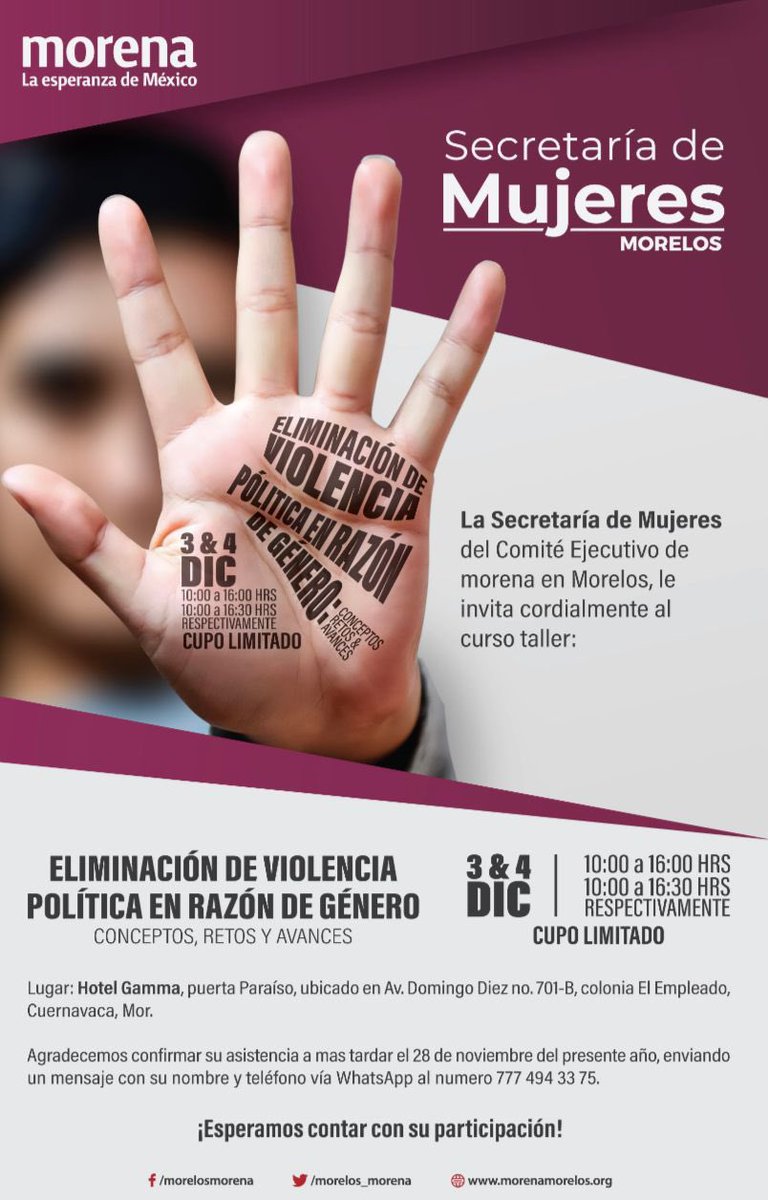 MariaJosePlatas's tweet photo. Curso taller “Eliminación de Violencia Política en Razón de Género: conceptos, retos y avances” sede #Cuernavaca #Morelos 
#morenamujeres https://t.co/VTGE7yKrSG