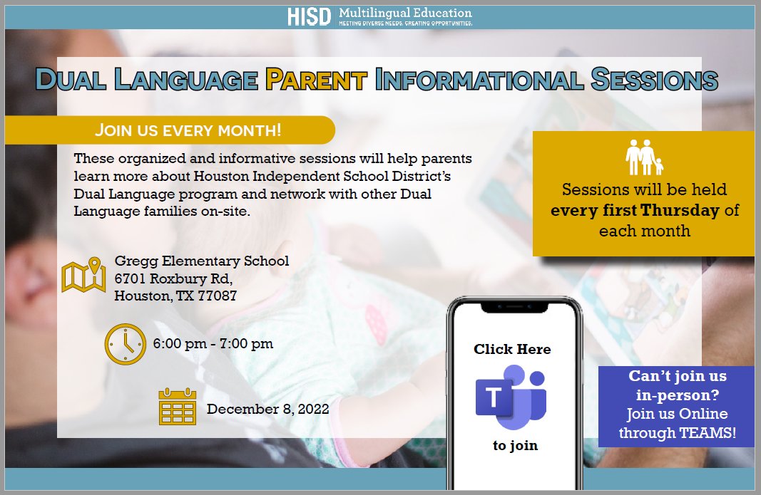📢 Dual Language Parents❗️ Join Multilingual Dept in person or 💻 to receive updates on Dual Language and get your questions answered. @HISDMultiPrgms <a href="/ByromJocelin/">Jocelin Byrom</a>