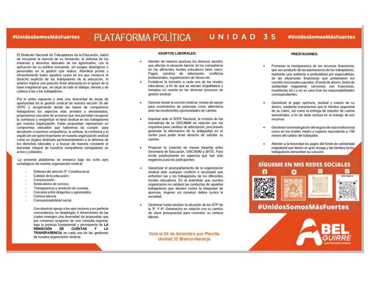 AbelAguirre35's tweet photo. ✍🏼 Conoce mi propuesta en la importancia que tiene la #SeguridadSocial para todos los agremiados de la #Sección35.

Hagamos historia este 9 de diciembre vota #UNIDAD35.

#UnidosSomosMásFuertes 🫱🏼‍🫲🏽 https://t.co/Wp594WQUmm