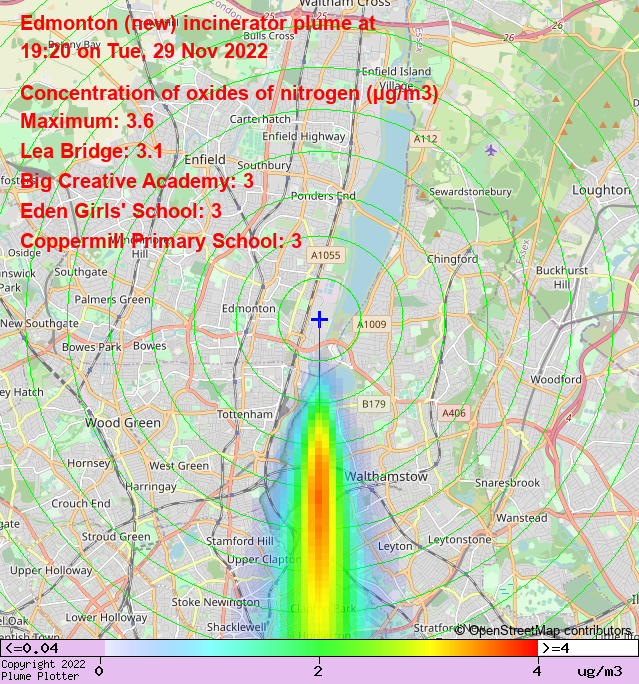 plumeplotter's tweet photo. Latest Edmonton (new) incinerator plume plot, 19:20 29/11/22 #LeaBridge #LowerClapton #ClaptonPark https://t.co/ue2w4OibM2 https://t.co/VJ6Q9iJDFU
