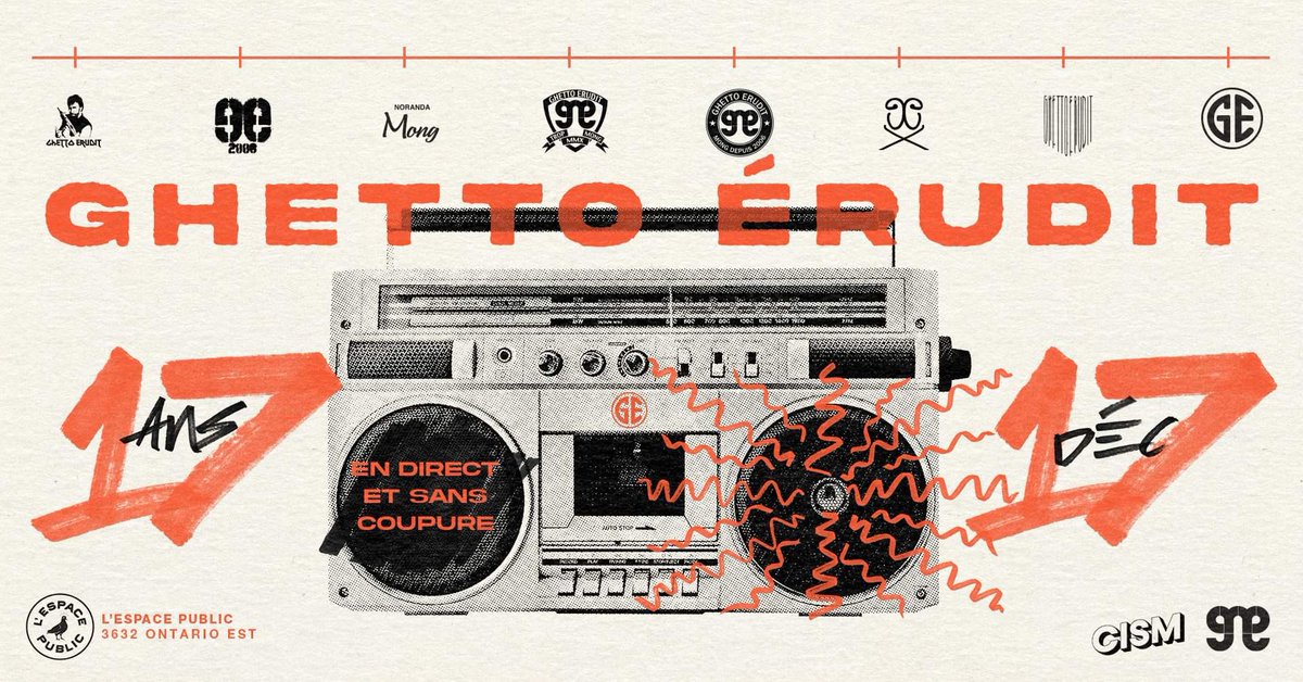 Le 17 décembre 2022 marquera la diffusion de la 882e émission de Ghetto Érudit, dont 761 diffusées sur les ondes de CISM 89,3 FM depuis le samedi 17 mai 2008.

Entrée gratuite, places limitées!

En direct de 19h à 22h!

L'Espace Public - Brasseurs de quartier
3632 Rue Ontario E