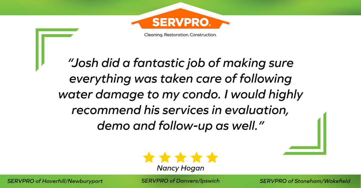 Happy #TestimonialTuesday! 

Today's 5-star #review is thanks to Nancy! We're glad we were able to help you Nancy!

Write us a review on Google for your chance to be our next testimonial spotlight! bddy.me/3gJl8Mj

#SERVPRO #OneTeam #MA #Massachusetts #NorthShoreMA