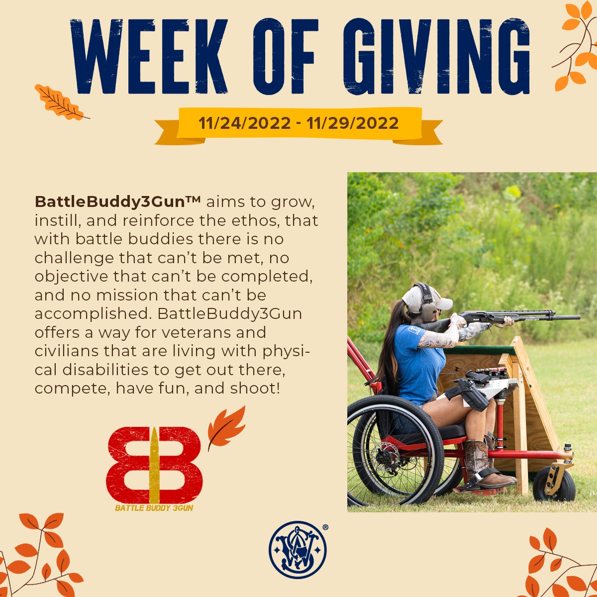 Smith_WessonInc's tweet photo. Embracing the holiday spirit by joining us on this #givingtuesday. Contribute to Battlebuddy3gun today: https://t.co/nJS97o3ezn
BattleBuddy3Gun™ is a 501(c)(3) focused on the use of battle buddies through the sport of shooting for both abled body and disabled shooters. #bb3gun https://t.co/UCYlZcGsCb