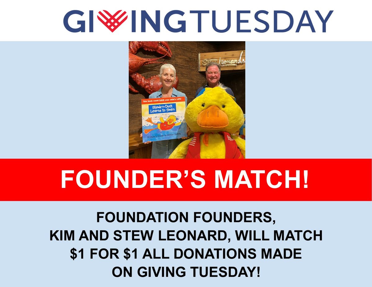 #GivingTuesday is here! Help us achieve our goal of raising $15,000 today to provide 1,500 swimming lessons for children in need. Kim and Stew Leonard will generously match all gifts today so you'll double your impact! Go here to donate: bit.ly/3U2WuDY Thank you! 💙