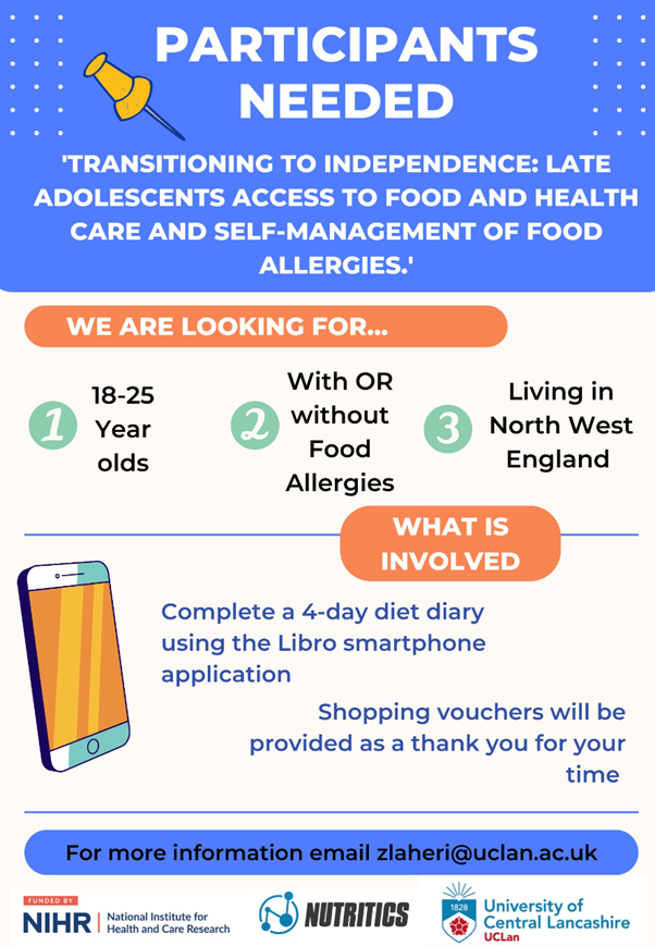 LancashireRKE's tweet photo. Request for participants! Are you 18-25years? With or without a food allergy? Living in North West England?

#FoodHour #FoodAllergy #Nutrition #HealthInequalities #TransitionPeriod #EmpoweringyoungAdults #PhD #Research https://t.co/Urg5NdM9UF