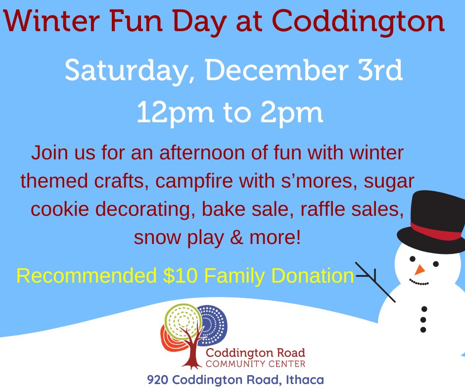 We know the weather doesn’t seem very winter-like just yet, but we are very excited for our Winter Fun Day on Saturday 12/3. We hope that you’ll join us at Coddington from 12:00pm to 2:00pm. 

#ithaca #winter #fundraiser #coddington #crcc #twithaca