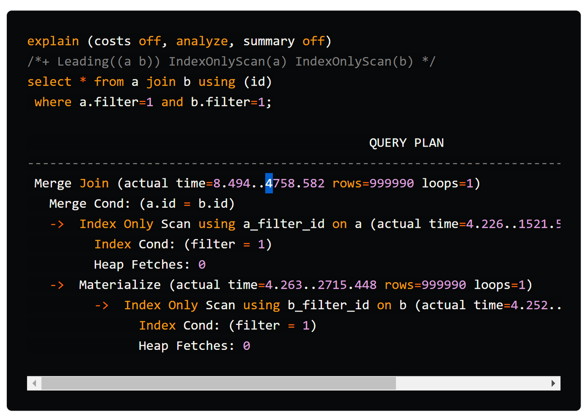 FranckPachot's tweet photo. Joins are slow?
🤔
4 seconds to join 1 million rows to 1 million rows, with Merge Join.
8 seconds with Hash Join.
And if I evilly force the worst plan, 18 seconds with a Nested Loop
(thanks to @Yugabyte Batched Nested Loop 🚀) https://t.co/DKYkXe8egH