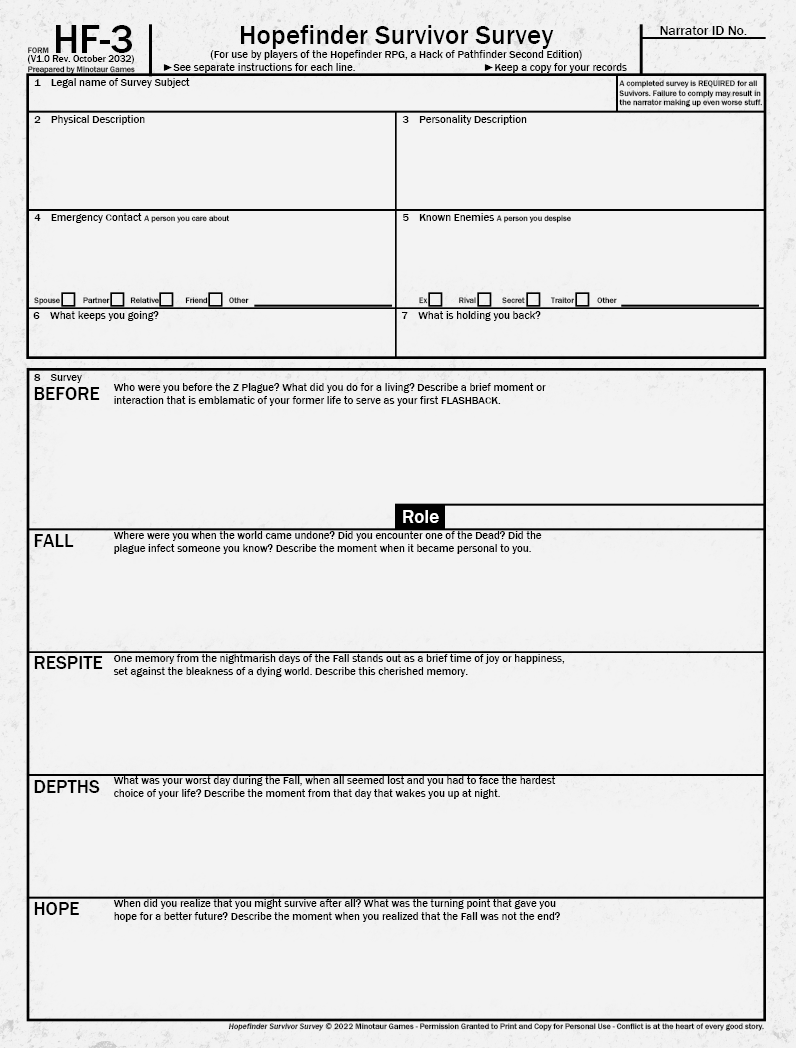 JasonBulmahn's tweet photo. One of my favorite bits of #Hopefinder is the Character Sheet. I intentionally made it look like a government intake record form that your survivor filled out when they made it to a fortified settlement. The last page is a survey to help flesh out your survivor! #Pathfinder2E https://t.co/v5Vjq27p5B