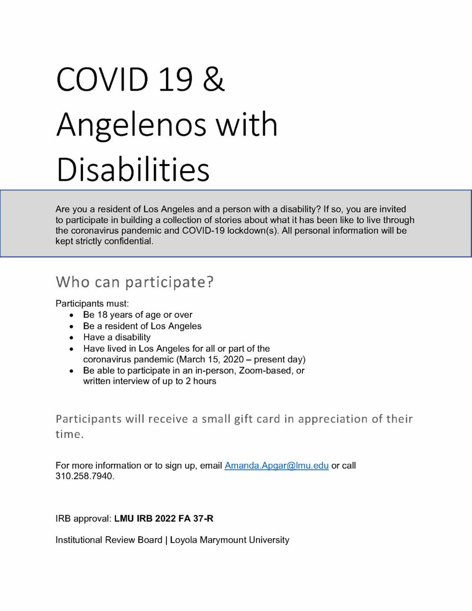 You are invited to participate in building a collection of stories about what it has been like to live through the coronavirus pandemic and COVID-19 lockdown(s). For more information or to sign up, email Amanda.Apgar@lmu.edu or call (310) 258- 7940.