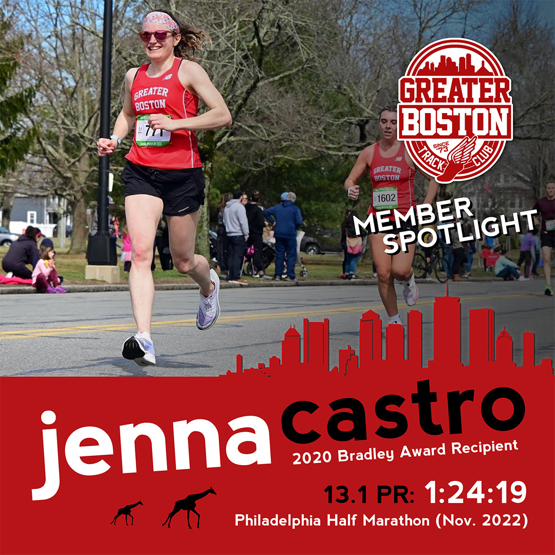 Member Spotlight! Jenna joined in 2018 and was the 2020 Bradley Award winner. She has a fresh new half PR of 1:24:19 from Philly. In her spare time, Jenna likes to go to the zoo with her husband / fellow GBTC, Erik H!