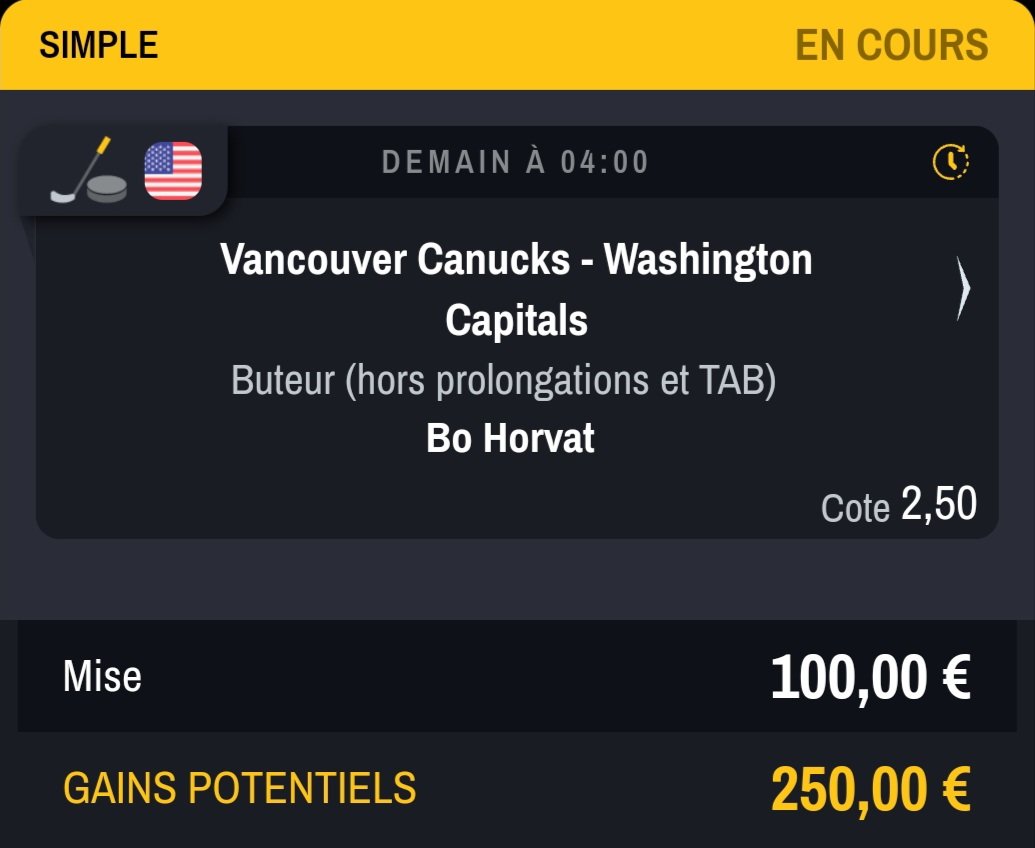 iOxy33's tweet image. 📍ÉTAPE 1 #Montante 

RT ♻️ &amp;amp; FAV ❤️ si tu suis 🙏

📌 04h00 
🏒 Horvat 🎯 2.50 (Vancouver)

#ParionsSport #TeamParieurs #TeamParieur #NHL