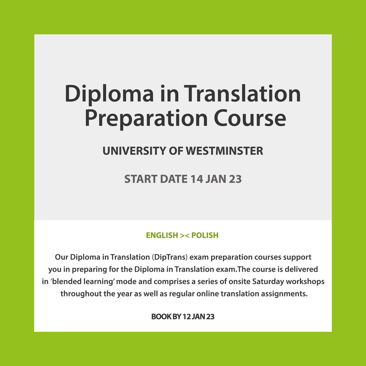KateAWeir's tweet photo. If you want to formalise existing translation skills, prepare for the 
Jan 24 CiOL Dip Trans exams with one of our courses:
https://t.co/HvMFGcQ4XA https://t.co/L7ri5FAjHe