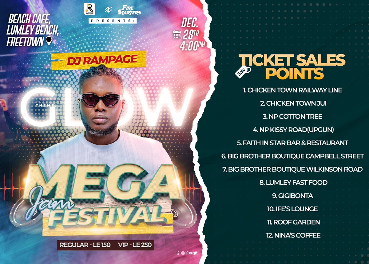 megajamfestival's tweet photo. Weโre officially counting down days to MegaJam Festival.
Go get your tickets now!
#MegaJamFestival #TheBeachCafe #December28th #DjRampage232 #Glow #GlowFestival #DettyDecember #DecemberInSalone https://t.co/A7LQCgxrzC