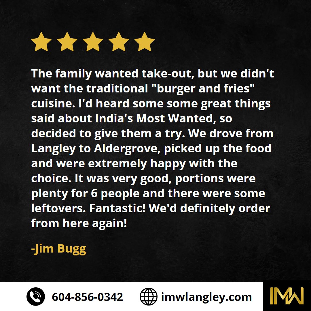 Thanks, Jim Bugg, for sharing your valuable feedback with us on Google My Business ❣️

#GoogleReviews #reviewsandrecommendations #guestfeedback #testimonial #indianrestaurant #aldergrovebc #indiansinlangley #vancityeats #langleyeats #langleyfoodie #vancouverfoodie #foodlover