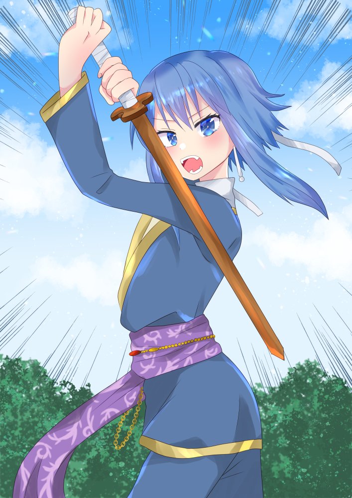 weapon sword blue eyes blue hair solo open mouth holding  illustration images