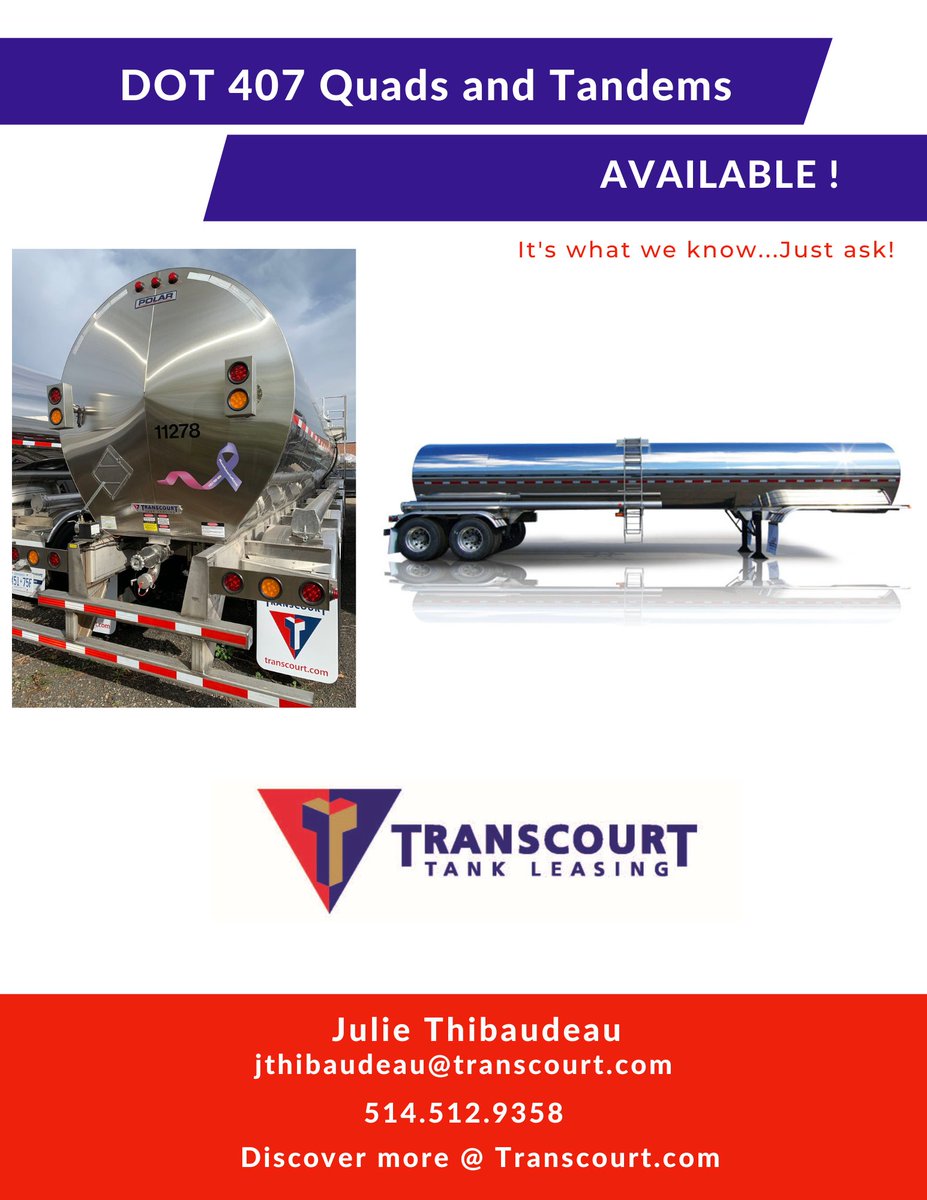 TranscourtTank's tweet photo. Eastern Canada Equipment ALERT! Call Julie today for more information! #itswhatweknow #tandems #quads #available #calltoday #reserveyours #tankers #tanktrailers #easterncanada https://t.co/WQHCGaQyqe