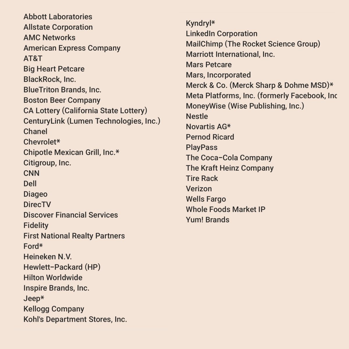 LorrieAnn25's tweet photo. This is the current list of advertisers leaving Twitter: https://t.co/9LBgKsMg0f