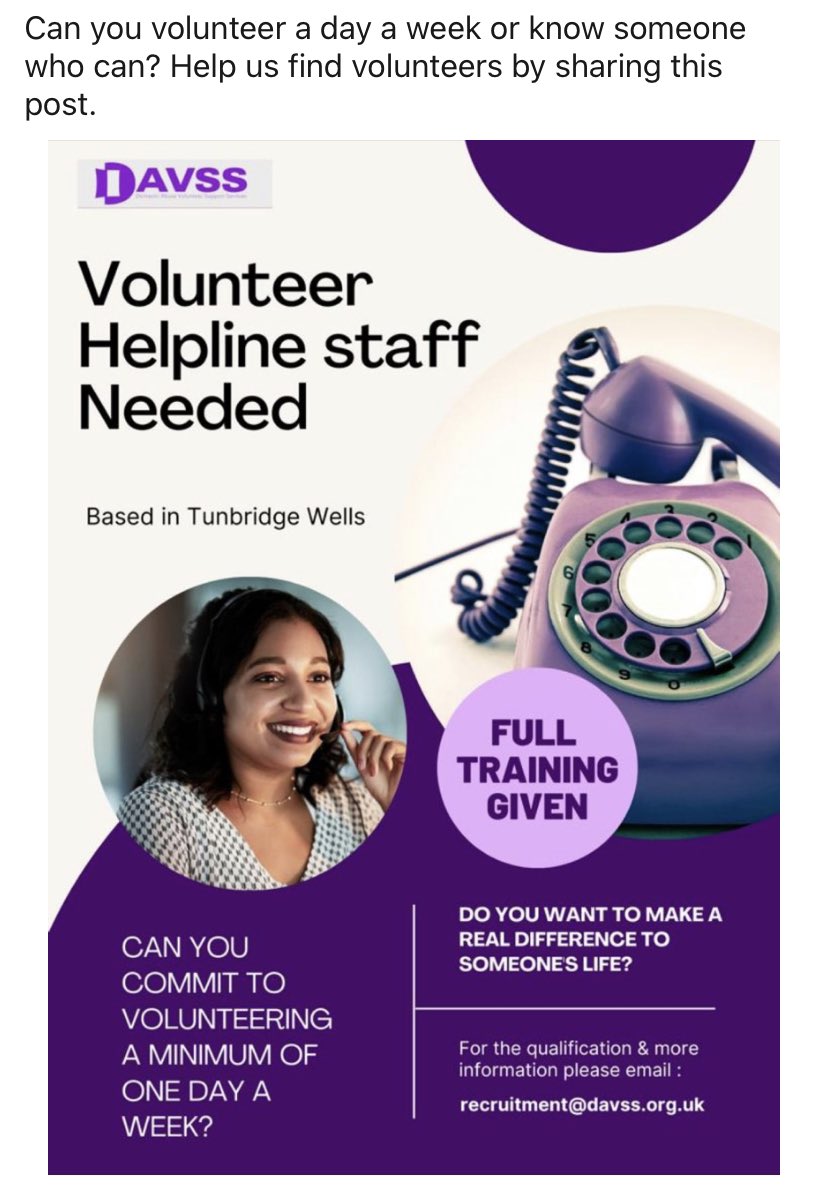 WKentTherapists's tweet photo. @_DAVSS are looking for Volunteer Helpline Staff to support this invaluable service. Spread the word. #volunteer #Therapist #DomesticAbuse #tunbridgewells #kent #westkent #domesticabusecharirty https://t.co/7ujFYR4zGI