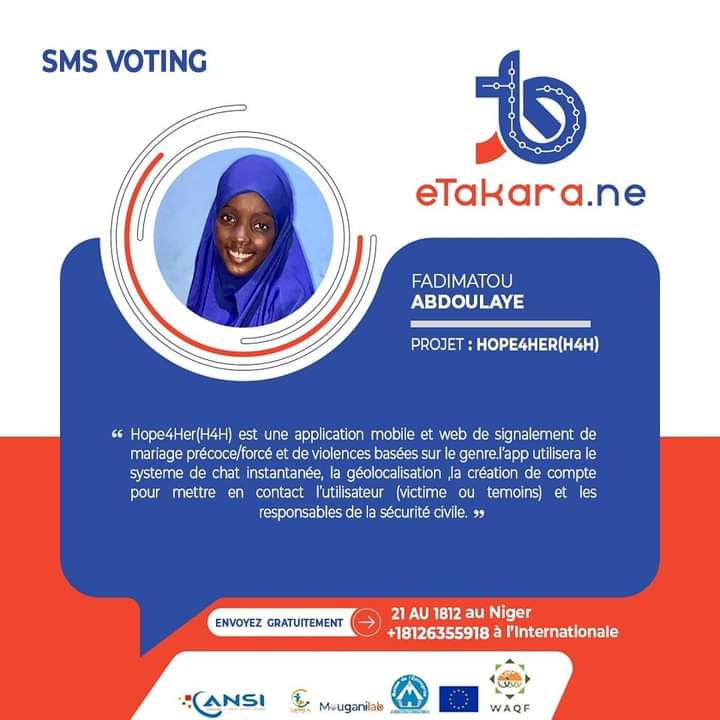 #eTakaraSmsVoting 
Votez pour HOPE4HER en envoyant 21 au 1812 si vous êtes au Niger ou au +18126355918 si vous êtes à l'international. 
Elle est développée par Fadimatou Abdoulaye