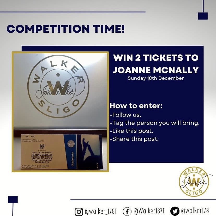 walker1781's tweet photo. Head over to our Facebook or instagram page to enter our competition to win 2 tickets to Joanne McNally
Facebook - Walker 1781
Instagram - walker_1781

 #sligobid #choosesligo #sligowhoknew #sligotown  #sligotourism #sligo #wildatlanticway #sligofoodtrail https://t.co/WvoLAM270r