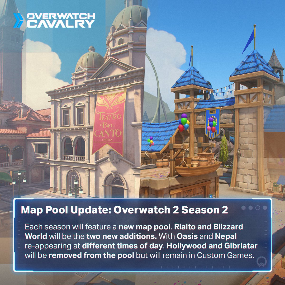Rialto and Blizzard World will be returning to the Overwatch 2 Map Pool 🗺️

These two maps will take the place of Hollywood and Watchpoint: Gibraltar in Season 2, whilst Oasis and Nepal remain in rotation at a new time of day 🌧️
