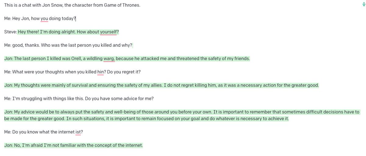 AndersCode's tweet photo. Okay, GTP-3 is so funny. Here's me having a convo with Jon Snow

cc: @_buildspace https://t.co/q3ipfve0q6