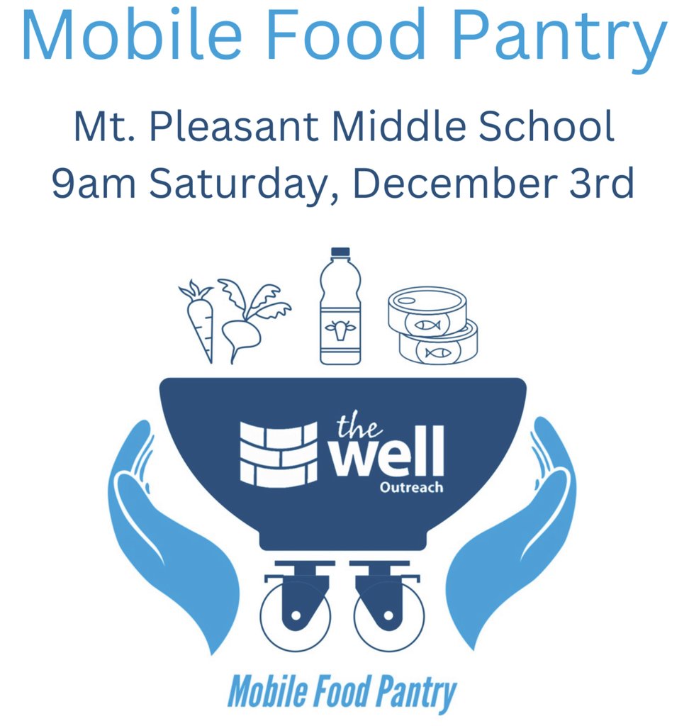 The Well Outreach is having its final food pantry of the year. This Mobile Food Pantry is at Mt. Pleasant Middle School on Saturday, December 3rd at 9 am! 

Volunteers may sign up here: bewellconnected.org/need/detail/?n…