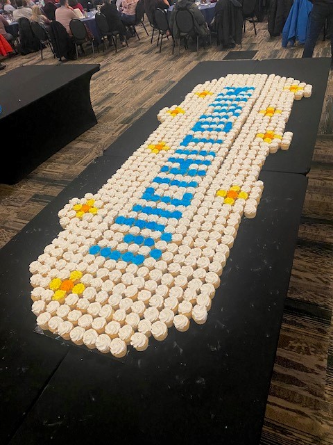 This presentation of cupcakes spelling out Wîcihitowin was created in tribute to Residential School Survivors and all the birthdays that weren't celebrated. Bluejay Linklater marked the unveiling of the display with a song. #wicihitowinyxe #trc