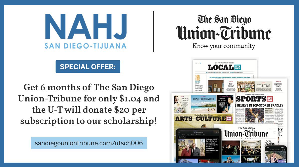 What better way to celebrate #GivingTuesday than to support local journalism and student journalists at the same time. Please consider a subscription to the U-T through our partnership. It helps us raise funds for our student scholarships. Visit: sandiegouniontribune.com/utsch006