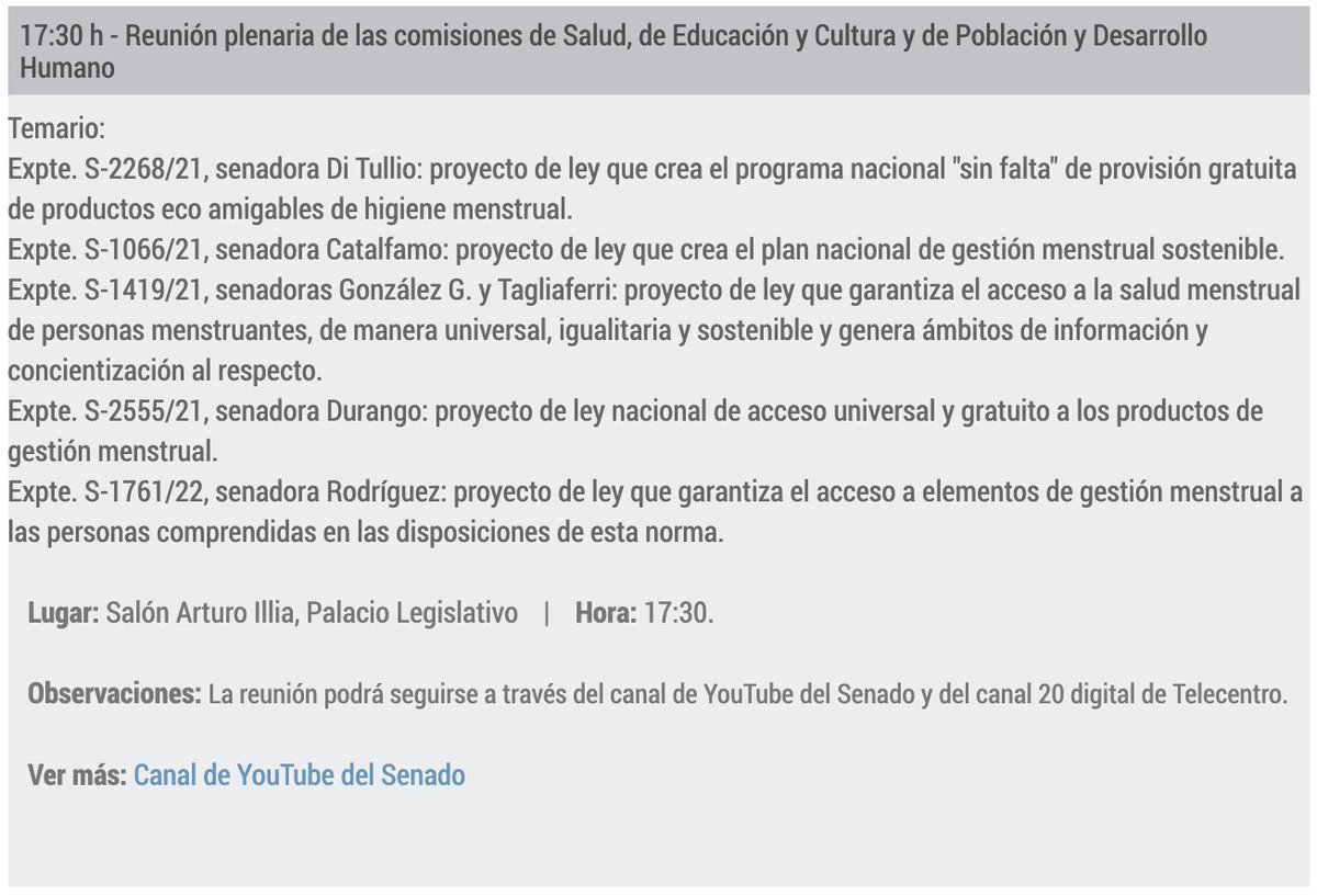 Ya empieza en el <a href="/SenadoArgentina/">Senado Argentina</a> la reunión de comisión que va a tratar, por primera vez en la historia en Argentina, proyectos de ley para una gestión menstrual sostenible. 

🩸Se puede ver en <a href="/SenadoArgentina/">Senado Argentina</a>: youtube.com/watch?v=JtiyrZ… #JusticiaMenstrual