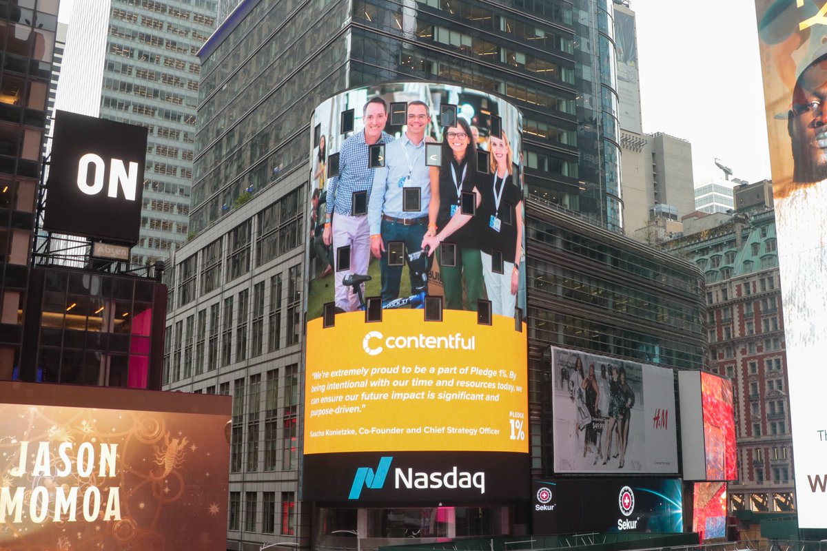 Today, we celebrate our impact and join companies around the world in leveraging our assets to do good. We're honored to be a <a href="/PledgeOne/">Pledge1Percent</a> member and to see Contentful featured on the <a href="/Nasdaq/">Nasdaq</a> Tower. #Pledge1Gives

Happy #GivingTuesday! 🤝