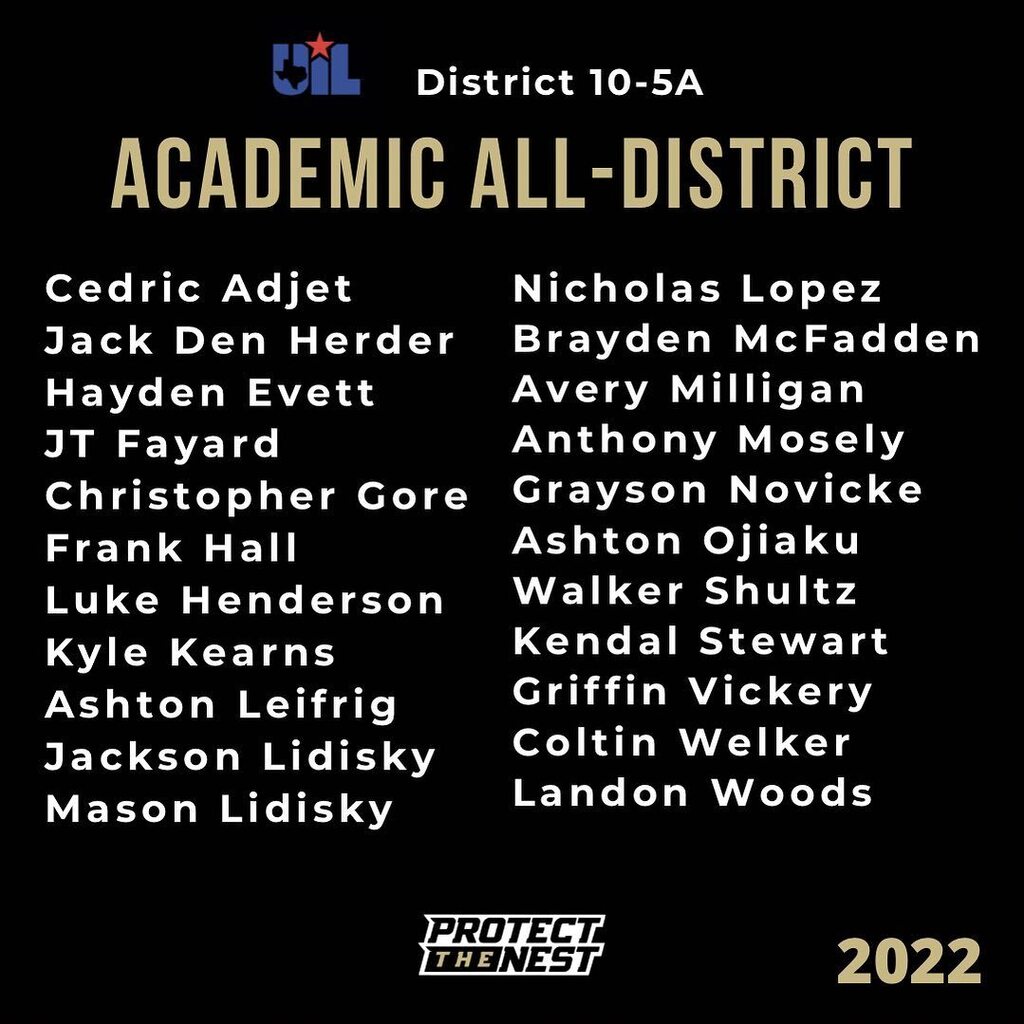 🚨10-5A ALL-DISTRICT🚨
 Congrats to all of our Academic All-District award winners! #ProtectTheNest instagr.am/p/CljtkynO6RN/