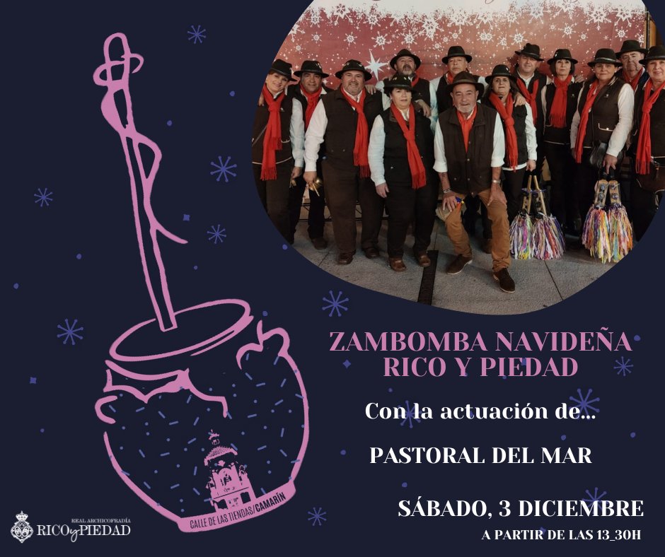 🟣🟡 [ZAMBOMBA NAVIDEÑA RICO Y PIEDAD]🔔ACTUACIONES: La Pastoral del Mar estará en nuestra zambomba navideña. 

📆 Sábado 3 de diciembre 
⏱️ A partir de las 13:30h 
📍 En calle Las Tiendas

#RicoyPiedad #CofradiasVM #velezmalaga #zambomba #zambombapiadosa #navidad2022