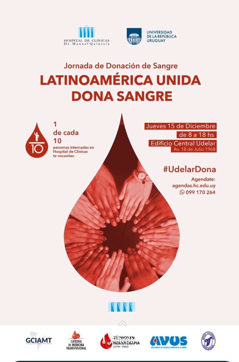 Gabriela Rivas (@gabriel81996489) on Twitter photo Se viene Diciembre y festejos..Fiestas y familia... si sos de la Udelar antes de volver al pago.. deja tu Donación de Sangre <a href="/maxberro1/">Maximiliano Berro</a> <a href="/ProinbioFMed/">Pro.In.Bio. UdelaR</a> <a href="/EUTM_UdelaR/">EUTM Udelar</a> <a href="/hcmquintela/">Hospital de Clínicas Dr. Manuel Quintela</a> <a href="/IPMontevideo/">Institut Pasteur Montevideo</a> <a href="/RodrigoArim1/">Rodrigo Arim</a> <a href="/fmedoficial/">fmedoficial</a> <a href="/extensionfmed/">Extensión y Actividades en el Medio. Medicina.</a> @UdelarExtension <a href="/fmed_divulga/">fmed_divulga</a> Se viene Diciembre y festejos..Fiestas y familia... si sos de la Udelar antes de volver al pago.. deja tu Donación de Sangre <a href="/maxberro1/">Maximiliano Berro</a> <a href="/ProinbioFMed/">Pro.In.Bio. UdelaR</a> <a href="/EUTM_UdelaR/">EUTM Udelar</a> <a href="/hcmquintela/">Hospital de Clínicas Dr. Manuel Quintela</a> <a href="/IPMontevideo/">Institut Pasteur Montevideo</a> <a href="/RodrigoArim1/">Rodrigo Arim</a> <a href="/fmedoficial/">fmedoficial</a> <a href="/extensionfmed/">Extensión y Actividades en el Medio. Medicina.</a> @UdelarExtension <a href="/fmed_divulga/">fmed_divulga</a>
